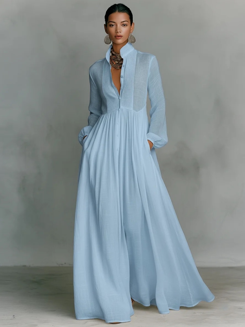 Modesees Linen Stand-up Collar Long-sleeved Maxi Dress